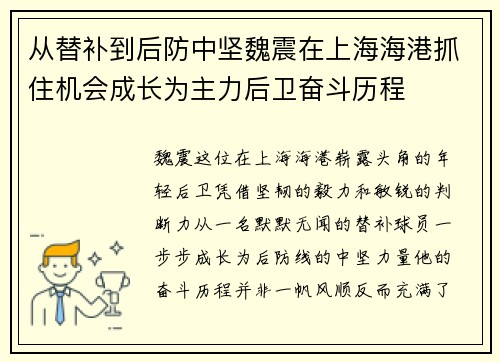 从替补到后防中坚魏震在上海海港抓住机会成长为主力后卫奋斗历程